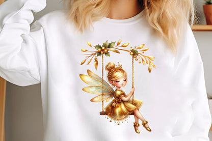 Christmas Gold Fairy Swing PNG Bundle | Watercolor Golden Fairy Swing, Christmas Fairy Girl & Magical Holiday Clipart