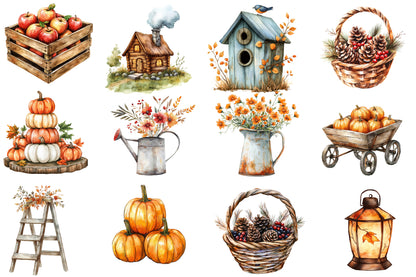 Watercolor Rustic Autumn Clipart PNG Bundle | Farmhouse Fall Pumpkin, Sunflower, Leaves & Harvest Clipart