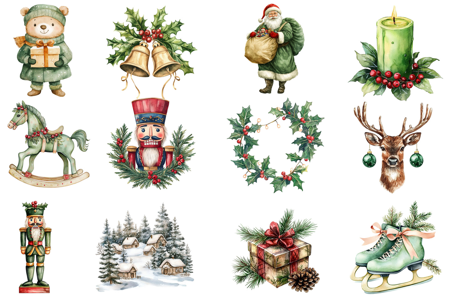 Green Christmas Watercolor Clipart PNG Bundle | Green Christmas Winter Clipart | Holiday Sublimation PNG