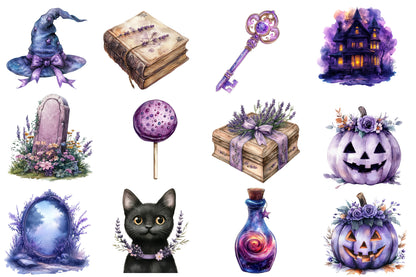 Lavender Halloween Clipart PNG Bundle | Purple Halloween Watercolor | Cute Spooky Sublimation