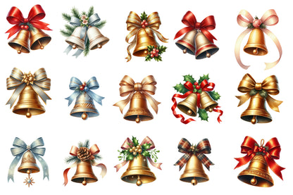 Christmas Bells & Ribbons Clipart Bundle PNG | Watercolor Festive Bells and Ribbon Clipart | Holiday Sublimation PNG