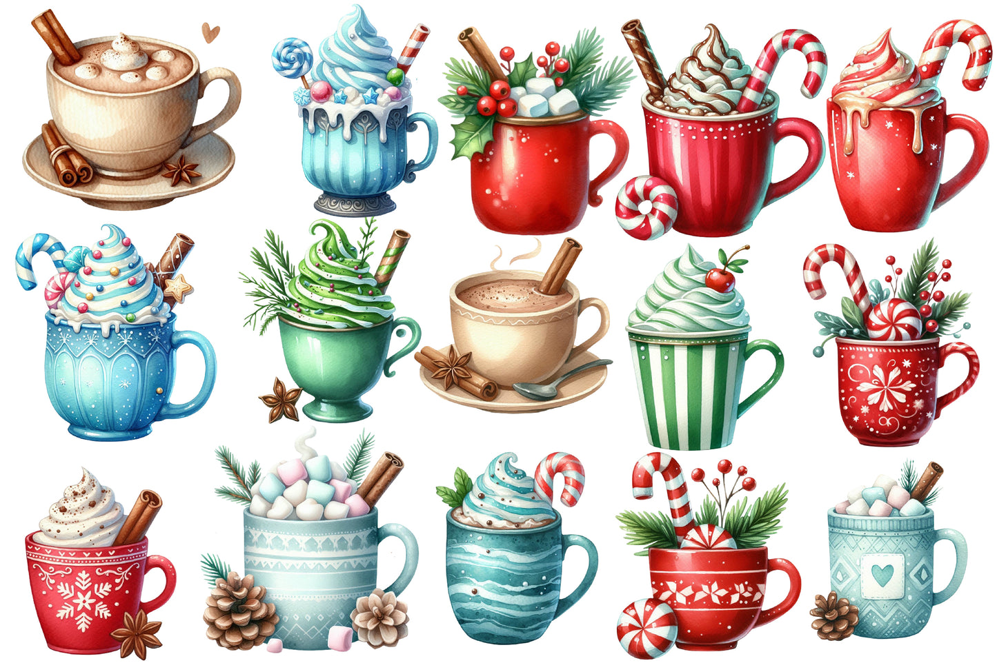 Christmas Hot Chocolate Watercolor Clipart PNG Bundle | Cozy Holiday Cocoa Clipart | Christmas Mug Sublimation PNG