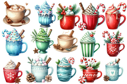 Christmas Hot Chocolate Watercolor Clipart PNG Bundle | Cozy Holiday Cocoa Clipart | Christmas Mug Sublimation PNG