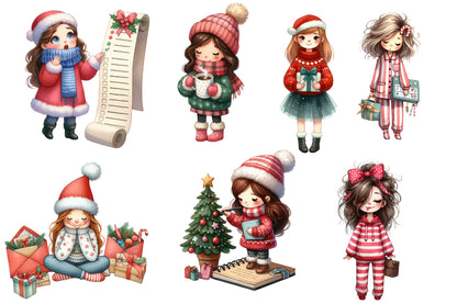 Christmas Planner Girl Watercolor Clipart PNG Bundle | Cute Christmas Planner PNG