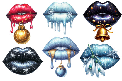 Christmas Lips Clipart PNG Bundle | Watercolor Festive Christmas Lips Clipart | Cute Holiday Lips Sublimation PNG