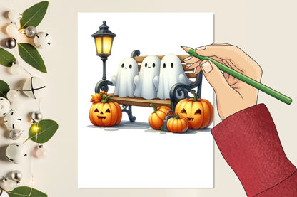 23 Halloween Ghost on Bench PNG Bundle Watercolor Spooky Autumn Clipart