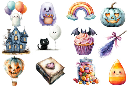 Pastel Halloween Clipart PNG Bundle | Cute Ghost, Pumpkin, Bat & Witch Clipart