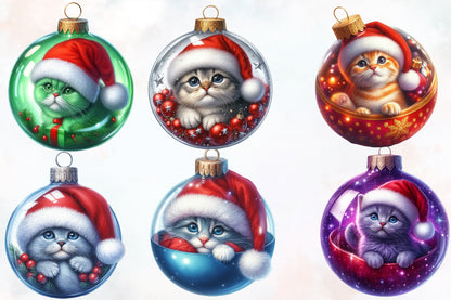 19 Christmas Cat Ornament PNG Clipart Bundle Watercolor Santa Hat Holiday