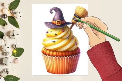27 Watercolor Halloween Cupcake PNG Bundle Witch Hat Spooky Baking Clipart