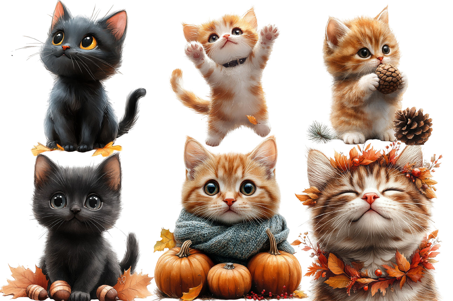 Watercolor Autumn Cat Clipart PNG Bundle | Cozy Fall Cats, Pumpkin, Leaves, Sweater & Cute Kitty Sublimation