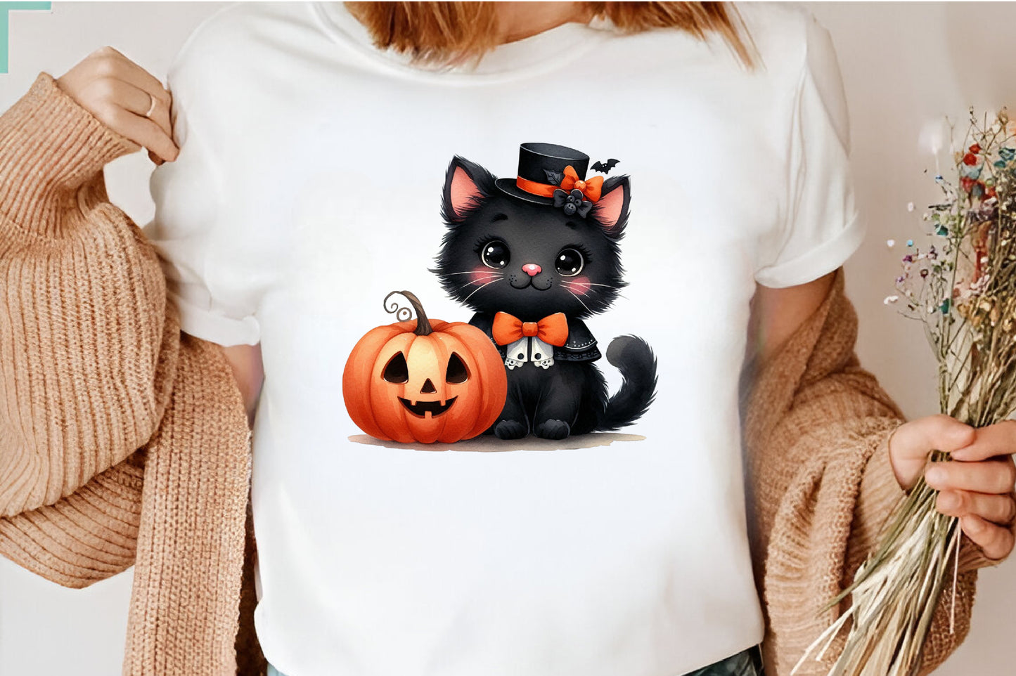 26 Watercolor Halloween Black Cat PNG Clipart Bundle Cute Witch Pumpkin