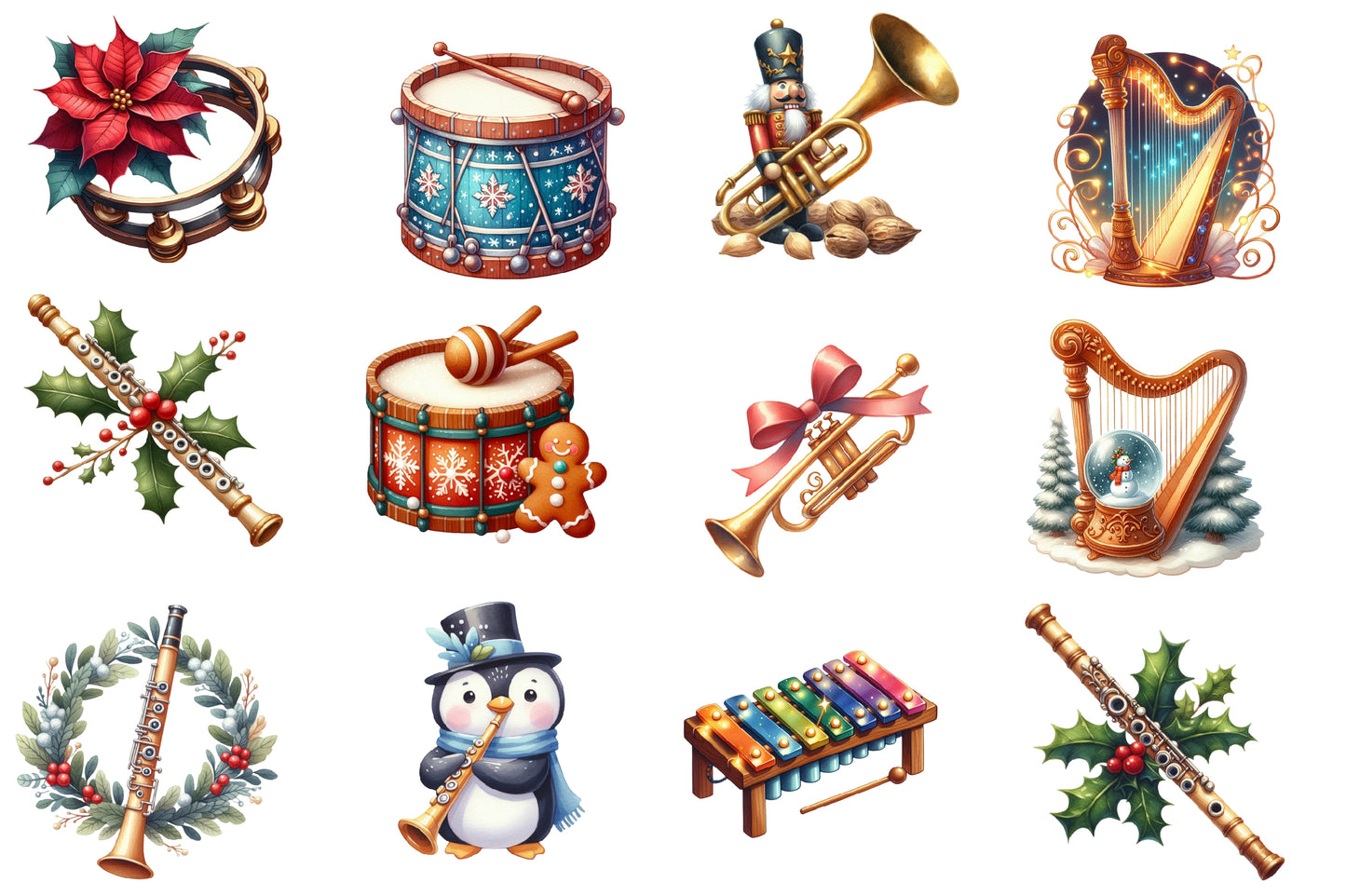 Christmas Music Clipart PNG Bundle | Watercolor Festive Christmas Music Clipart | Holiday Musical Sublimation PNG