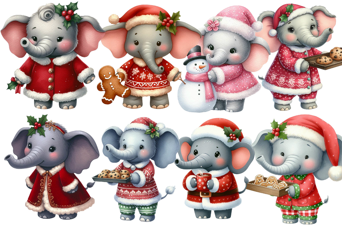 Christmas Elephant Clipart PNG Bundle | Watercolor Christmas Elephants, Santa Hats, Gifts, Snowman & Holiday Clipart