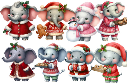 Christmas Elephant Clipart PNG Bundle | Watercolor Christmas Elephants, Santa Hats, Gifts, Snowman & Holiday Clipart