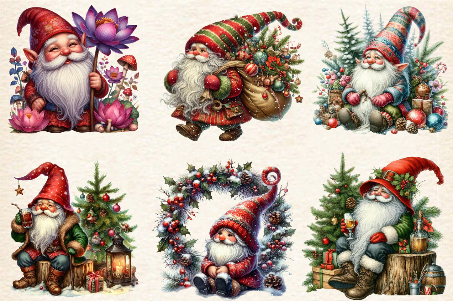 Christmas Gnome PNG Clipart Bundle | Watercolor Christmas Gnomes, Santa Gnome & Holiday Gnome Clipart