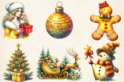 Watercolor Yellow Christmas Day PNG Bundle 24 Festive Holiday Clipart