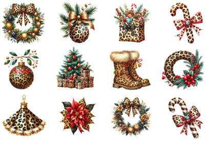 Leopard Christmas Watercolor Clipart PNG Bundle | Leopard Print Christmas Clipart | Wild Animal Print Holiday Sublimation PNG