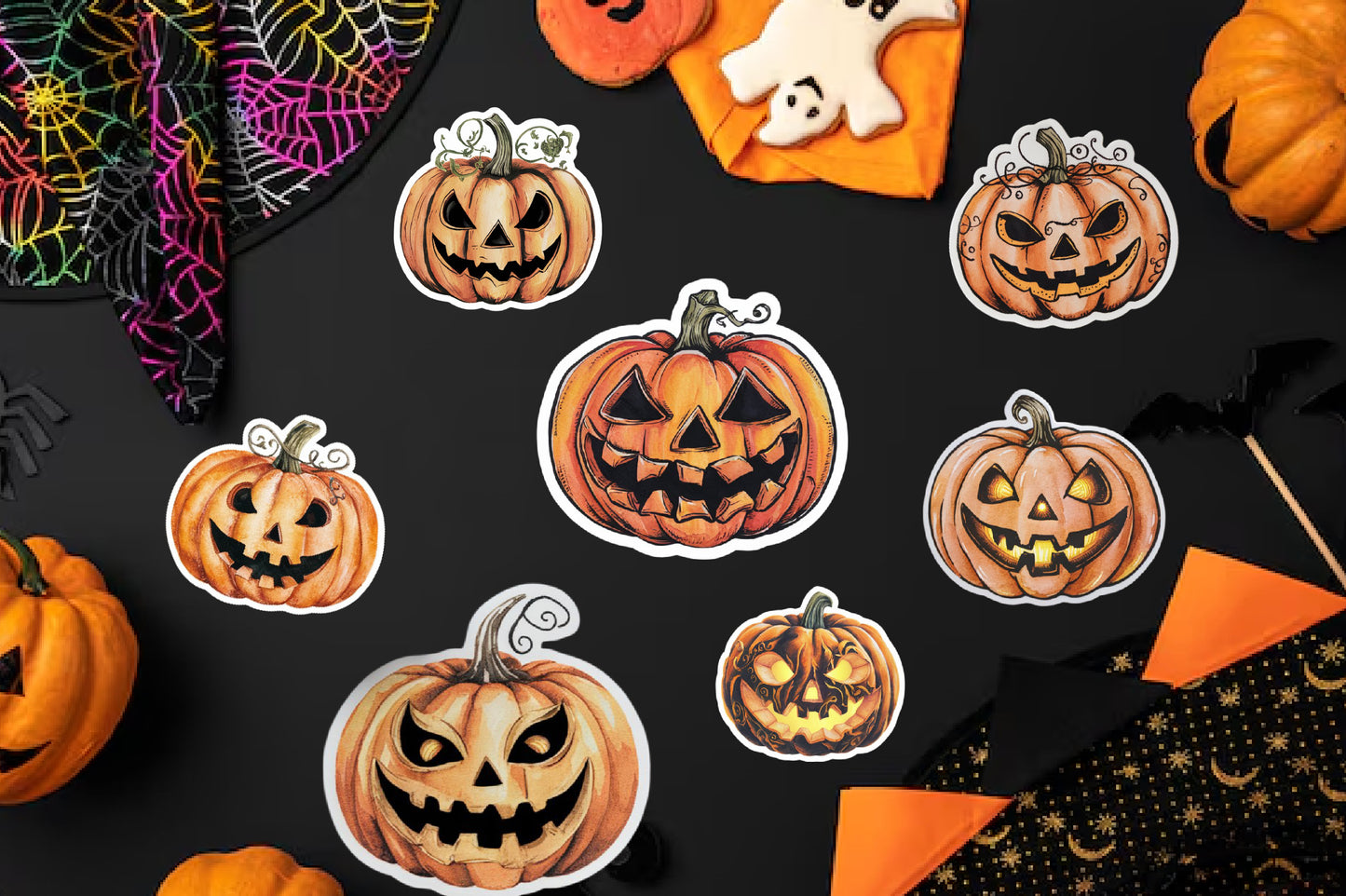 23 Watercolor Halloween Pumpkin Sticker PNG Bundle Cute Jack O Lantern Clipart