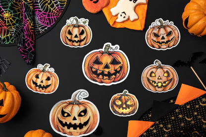 23 Watercolor Halloween Pumpkin Sticker PNG Bundle Cute Jack O Lantern Clipart