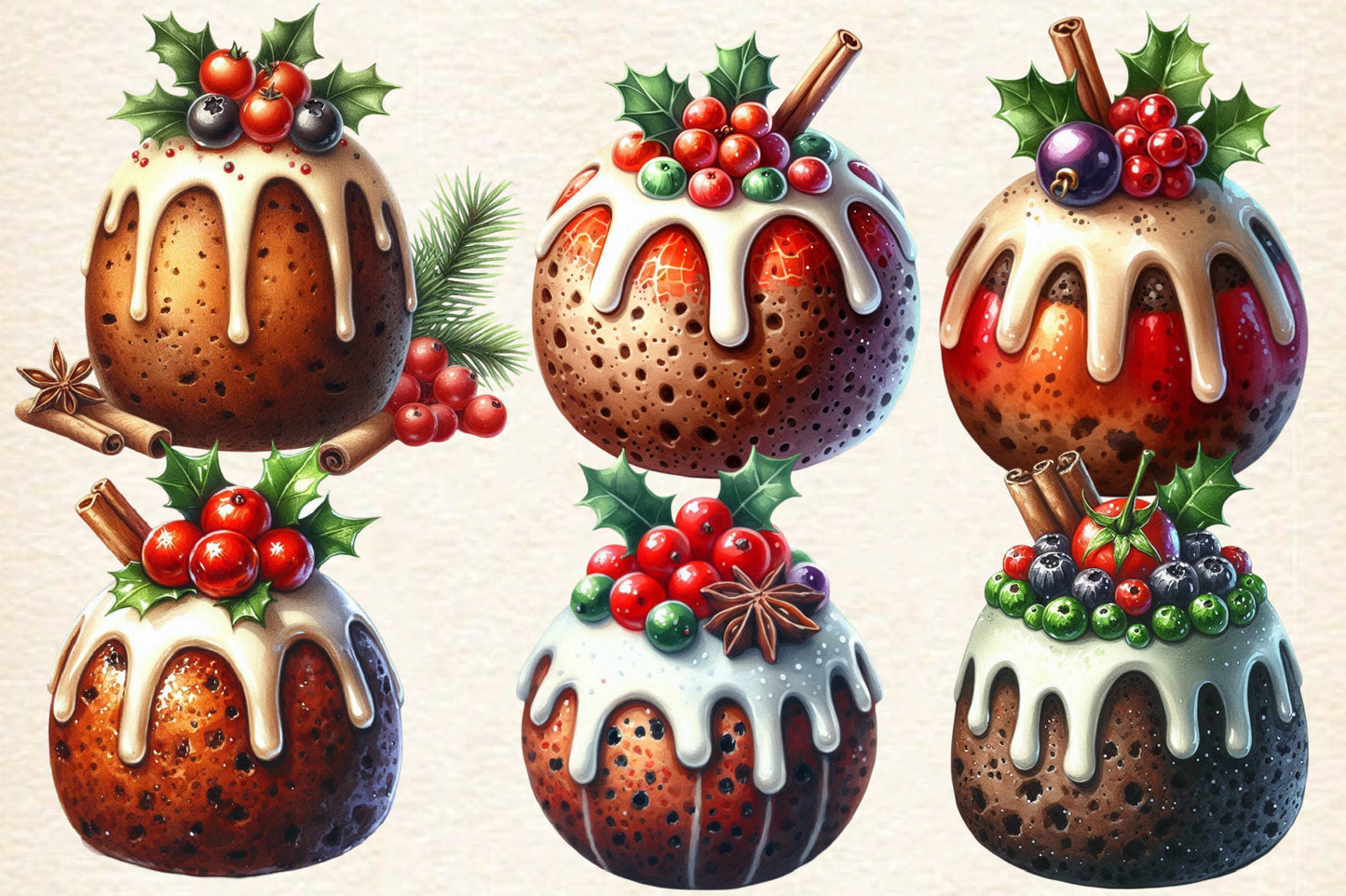 Christmas Pudding PNG Bundle | Watercolor Christmas Pudding, Cute Holiday Plum Pudding & Festive Dessert Clipart