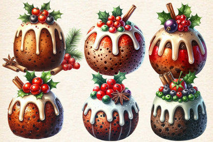 Christmas Pudding PNG Bundle | Watercolor Christmas Pudding, Cute Holiday Plum Pudding & Festive Dessert Clipart