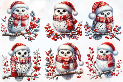 Watercolor Christmas Owl Clipart PNG Bundle | Cute Winter Owl & Holiday Birds