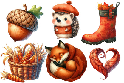 Burnt Orange Autumn Watercolor Clipart PNG Bundle | Fall Clipart, Cute Autumn PNG