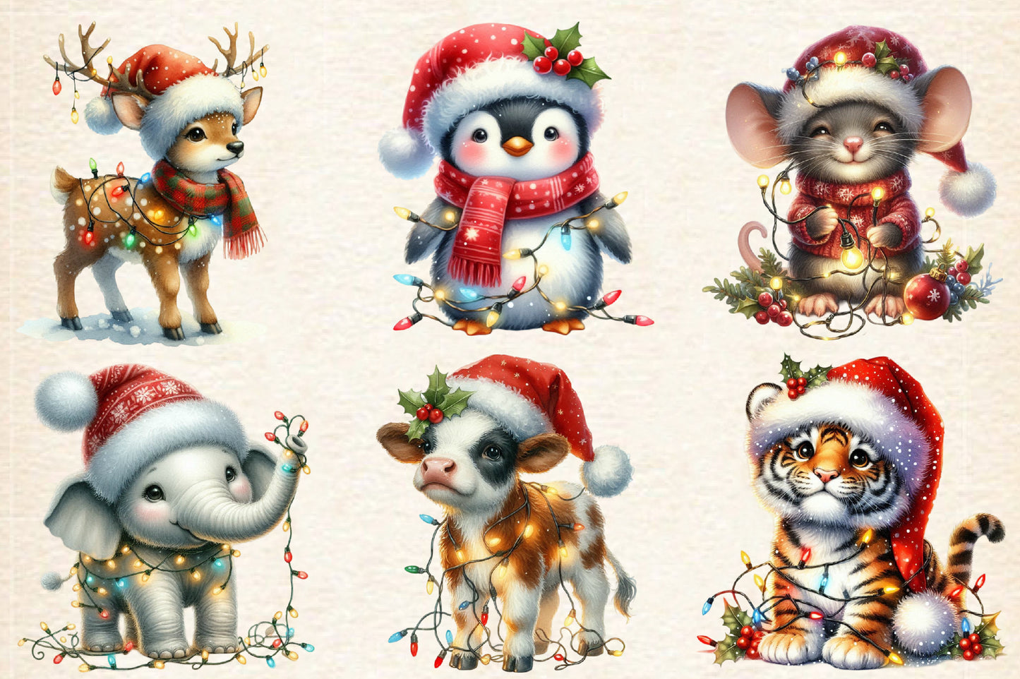 Christmas Animals PNG Clipart Bundle | Watercolor Cute Holiday Animals, Santa Hats, Christmas Lights & Festive Designs