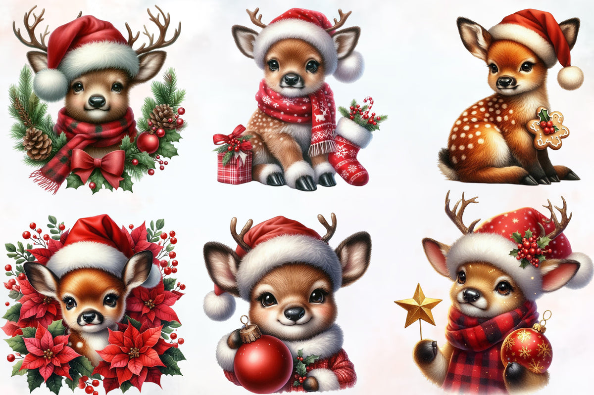 Funny Christmas Deer PNG Bundle Watercolor Reindeer Holiday Clipart