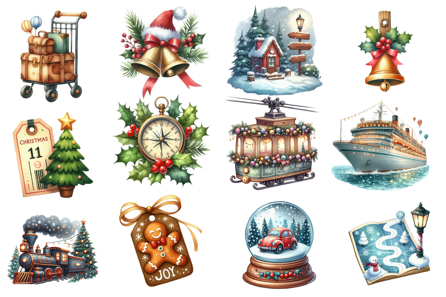 Christmas Travel Clipart PNG Bundle | Watercolor Christmas Travel Clipart | Festive Holiday Vacation Sublimation PNG