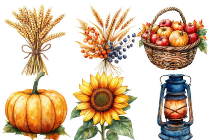 Autumn Harvest Clipart PNG Bundle | Fall Harvest Watercolor Clipart | Thanksgiving Sublimation PNG