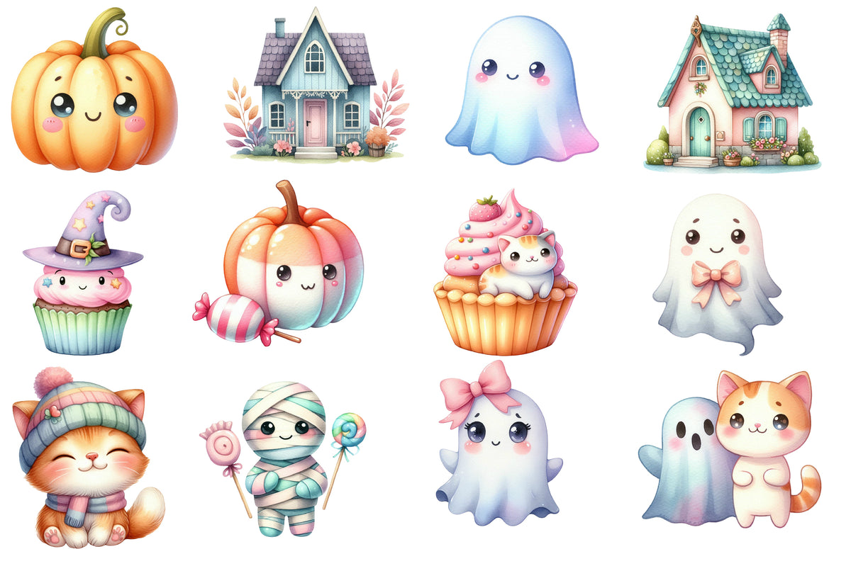 Pastel Halloween Clipart PNG Bundle | Cute Ghost, Cat, Pumpkin & Haunted House