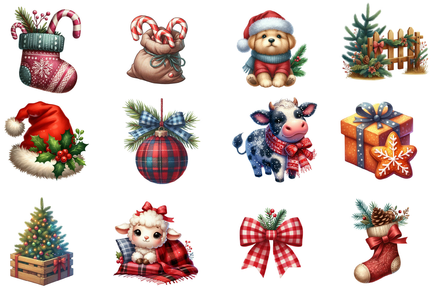Christmas Farm Clipart PNG Bundle | Watercolor Rustic Christmas Farm Clipart | Holiday Farmhouse Sublimation PNG
