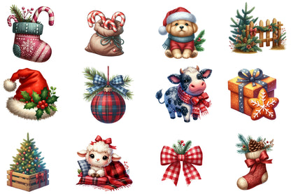 Christmas Farm Clipart PNG Bundle | Watercolor Rustic Christmas Farm Clipart | Holiday Farmhouse Sublimation PNG