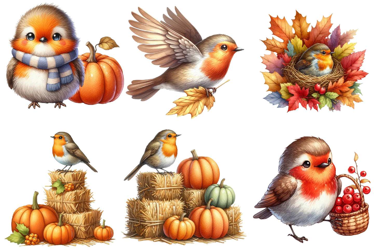 Autumn Robin Clipart PNG Bundle | Watercolor Fall Robin Bird Clipart | Cozy Woodland Robin PNG