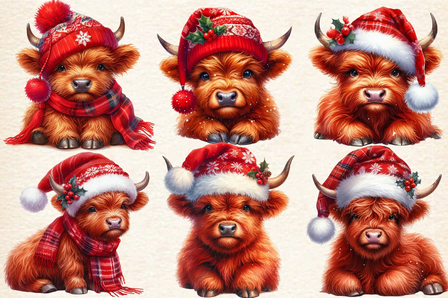 Baby Highland Cow Christmas PNG Bundle | Watercolor Highland Cow, Cute Baby Cow & Festive Christmas Clipart