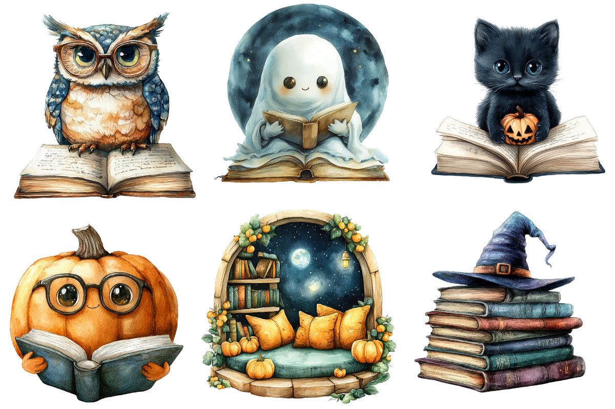 Halloween Reading Clipart PNG | Spooky Books, Ghost Reading, Witch Books, Owl & Cat Reading Clipart,