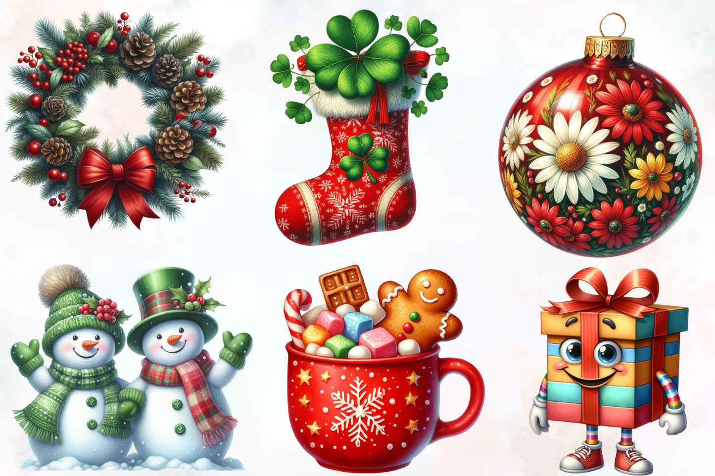 Watercolor Funny Christmas Clipart PNG Bundle | Cute Santa, Gift Box, Snowman, Stocking & Holiday Designs