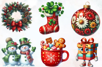 Watercolor Funny Christmas Clipart PNG Bundle | Cute Santa, Gift Box, Snowman, Stocking & Holiday Designs
