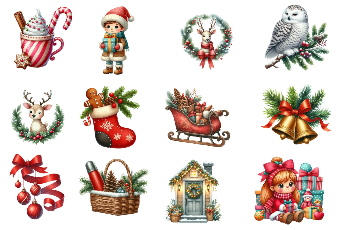 Christmas Red and Green Clipart PNG Bundle | Watercolor Red Green Christmas Clipart | Festive Holiday Sublimation PNG