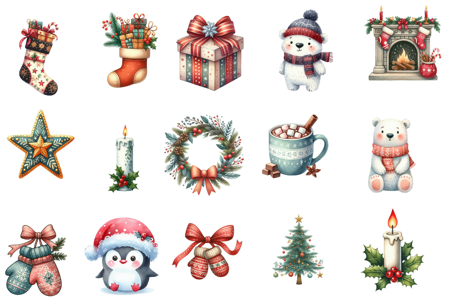Christmas Clipart Sublimation PNG Bundle | Watercolor Holiday Clipart | Festive Christmas Sublimation Designs