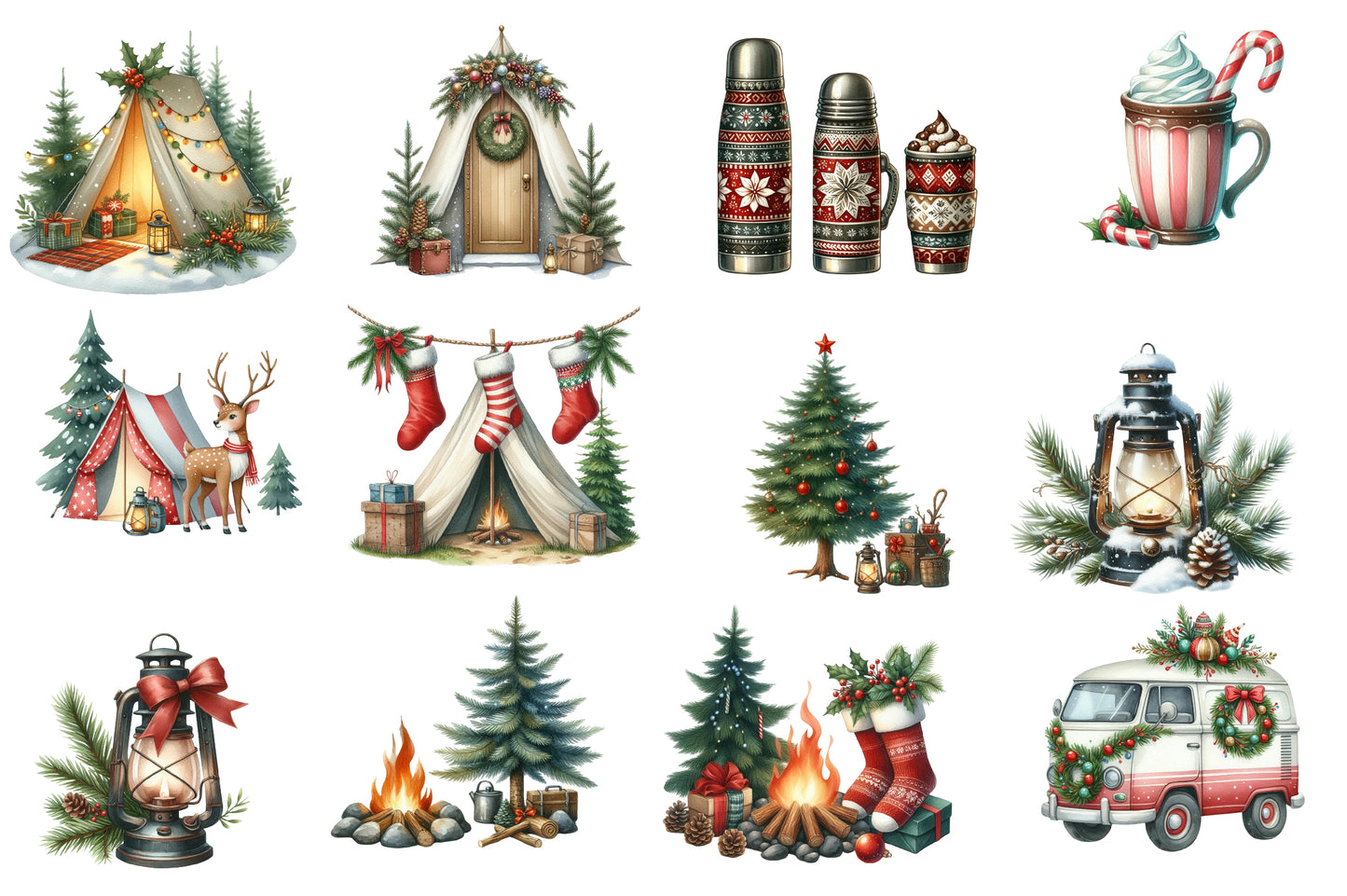 Christmas Camping Clipart PNG Bundle | Watercolor Cozy Holiday Camping Clipart | Festive Winter Camping PNG