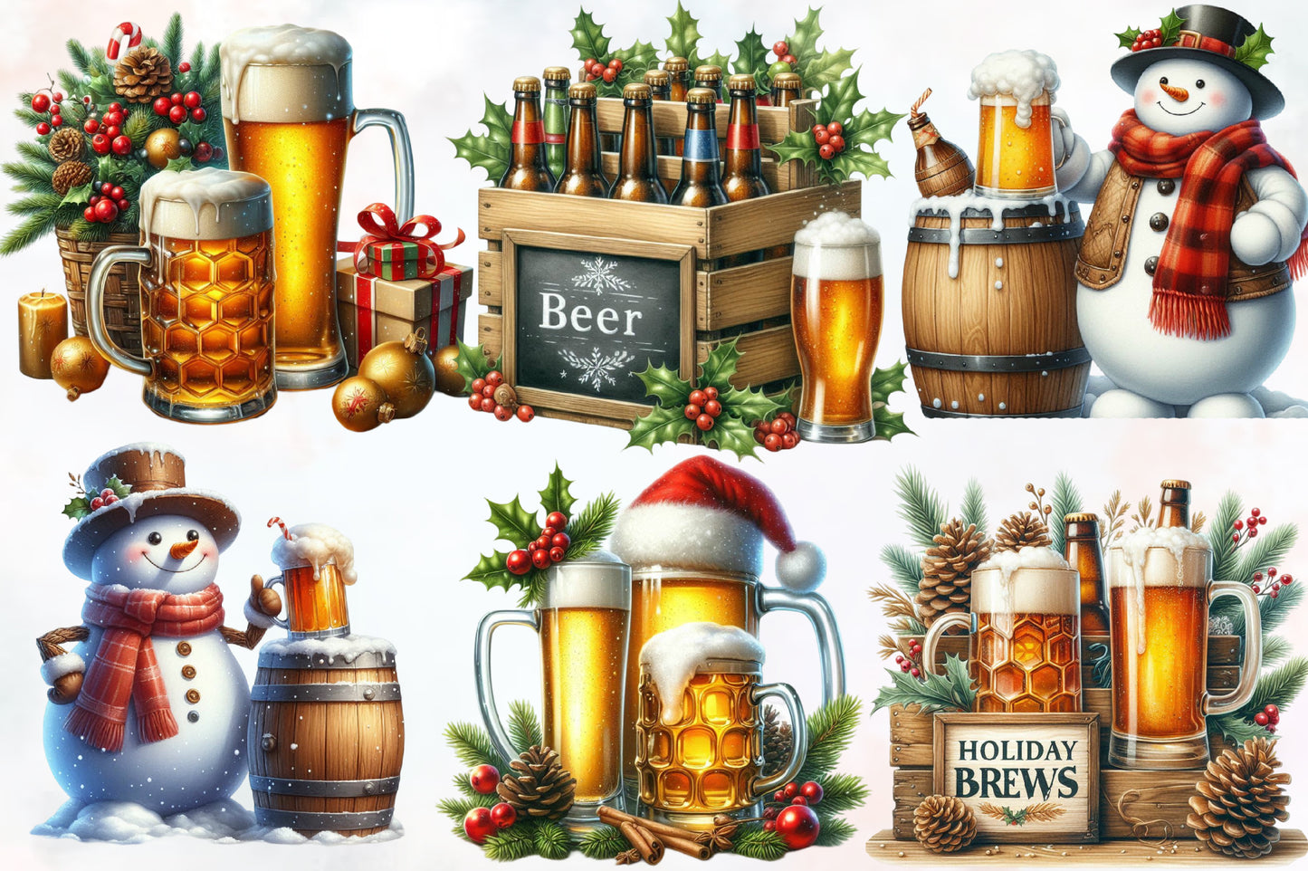 Christmas Beer PNG Clipart Bundle | Watercolor Holiday Beer Mugs, Snowman Beer, Beer Bottles & Festive Christmas Brew Designs