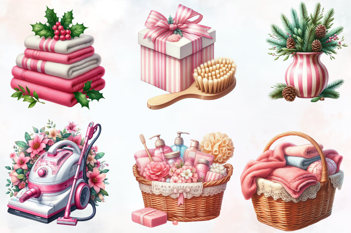 19 Christmas Cleaning Day PNG Clipart Bundle Watercolor Pink Holiday Cleaning