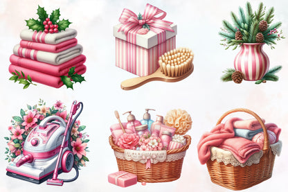 19 Christmas Cleaning Day PNG Clipart Bundle Watercolor Pink Holiday Cleaning