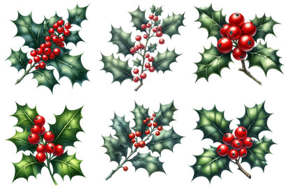 Christmas Red Berries Branches Clipart PNG Bundle | Watercolor Winter Red Berry Branches | Holiday Botanical Sublimation PNG