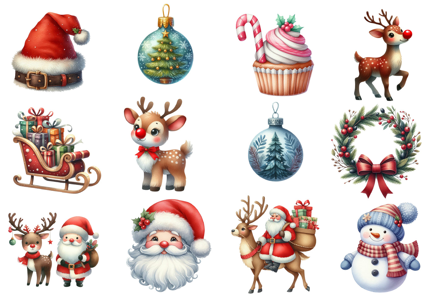 Cute Christmas Clipart PNG Bundle | Santa Claus, Snowman, Reindeer, Christmas Tree, Wreath, Gifts & Candy Cane Clipart