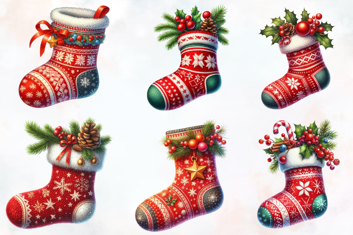Christmas Socks PNG Bundle | 15 Watercolor Holiday Stocking Designs