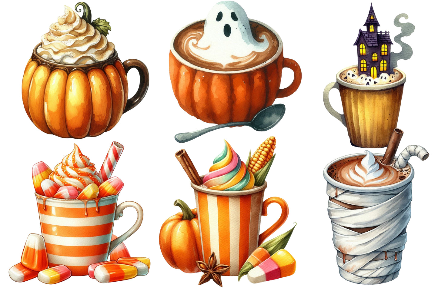 Halloween Coffee Latte Clipart PNG Bundle | Spooky Coffee Cup PNG, Pumpkin Latte Clipart