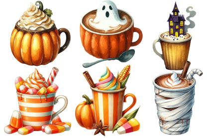 Halloween Coffee Latte Clipart PNG Bundle | Spooky Coffee Cup PNG, Pumpkin Latte Clipart
